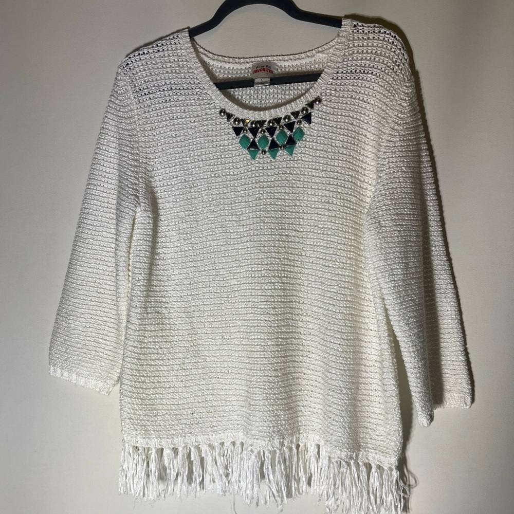 Ruby Rd White Crew Neck Sweater with Fringe